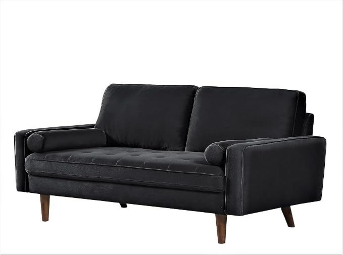 Container Furniture Direct Velvet Tufted Sofas for Living Room, Classic Mid-Century Style with Modern Silhouette, Button Tufting and Wood Legs, Includes 2 Bolster Pillows, Loveseat, Black