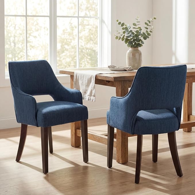Linen Upholstered Dining Chairs Set of 6 with Arms | Blue linen fabric, breathable upholstery, curved backrest, cushioned seat, solid wood legs, farmhouse style for dining room