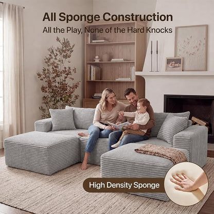 Claiks 94" Boneless Couch, Cloud Couch Sectional, U-Shape Corduroy Modular Sectional Sofa Deep Seat, Upholstered Couches for Living Room, No Assembly Required, Light Grey