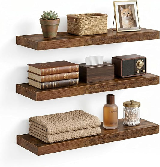Floating Shelves for Wall, 16 inch Set of 3 Bathroom Shelf Bedroom Kitchen Living Room Hanging Book Shelves Small Farmhouse Decor, Rustic Brown