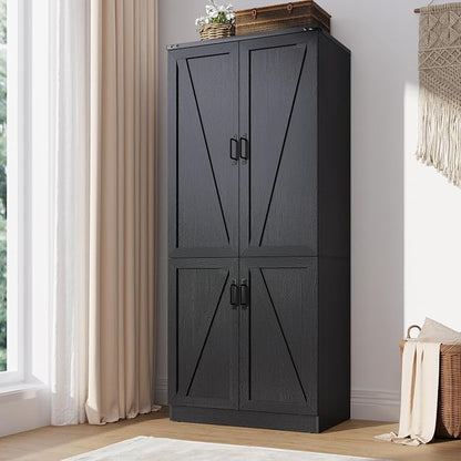 Hlivelood 75" Tall Farmhouse 2 Doors Armoire Wardrobe Closet with LED,Freestanding Closet Wardrobe Cabinet for Bedroom with Hanging Rod,Wooden Armoire Storage Cabinet with Adjustable Shelves(Black)