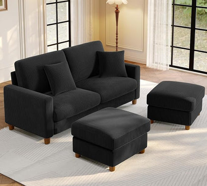 Welzona 70.2" Couches for living room, Comfy U Shaped Couch Black 7.1" Thicker Cushion, Sofas for Living Room Tool-Free Setup, Loveseat with Ottoman 7058lbs Support, Corduroy Couch for Bedroom, Office