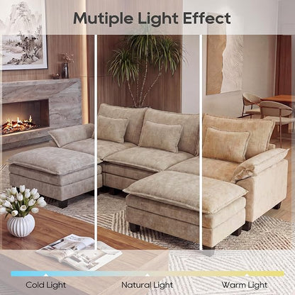 URRED Oversized Modular Sectional Sofa, 122" U Shaped Modern Comfy Cloud Couch with Movable Ottoman & Pillows, Deep Seat Couches for Living Room, Bedroom or Apartment (Chenille Khaki, 122" U Shaped)