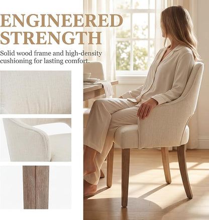 Linen Upholstered Dining Chairs Set of 4 with Arms | Cream Linen Fabric, Breathable Upholstery, Curved Backrest, Cushioned Seat, Solid Wood Legs, Farmhouse Style For Dining Room