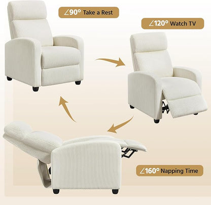 Topeakmart Corduroy Recliner Sofa Mid-Century Recliner Chair Single Reclining Chair Upholstered Sofa for Living Room Bedroom Home Theater Beige