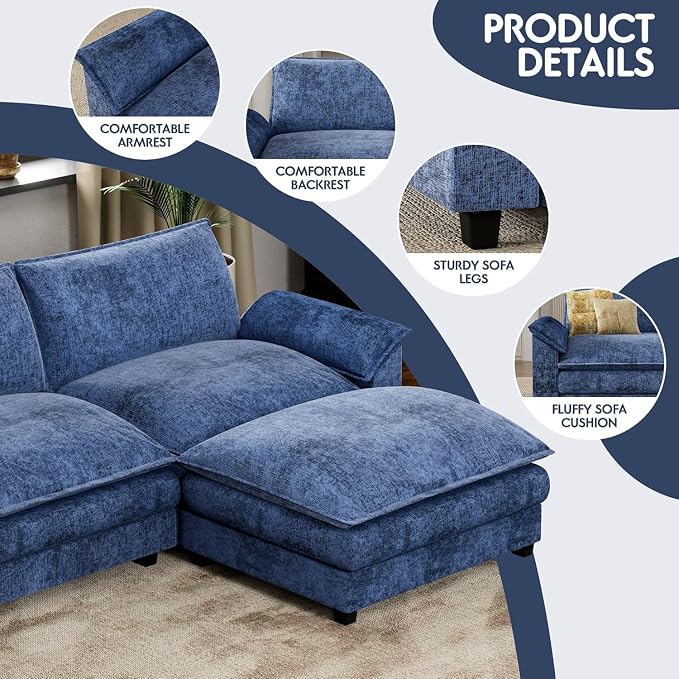 Homall 159" Modular Sectional Sofa, Loveseat Sofa Couch with Double-Layer Cushion, DIY Combination Chenille Deep 2-Seat Cloud Couch for Living Room (Dark Blue, U Shaped Sofa)