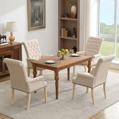 adochr Dining Chairs with Arms, Upholstered Linen Dining Room Chairs with Solid Wood Legs, Accent Armchair for Kitchen Dining Living Room, Beige