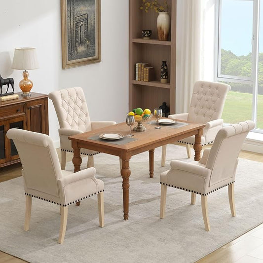 adochr Dining Chairs with Arms, Upholstered Linen Dining Room Chairs with Solid Wood Legs, Accent Armchair for Kitchen Dining Living Room, Beige
