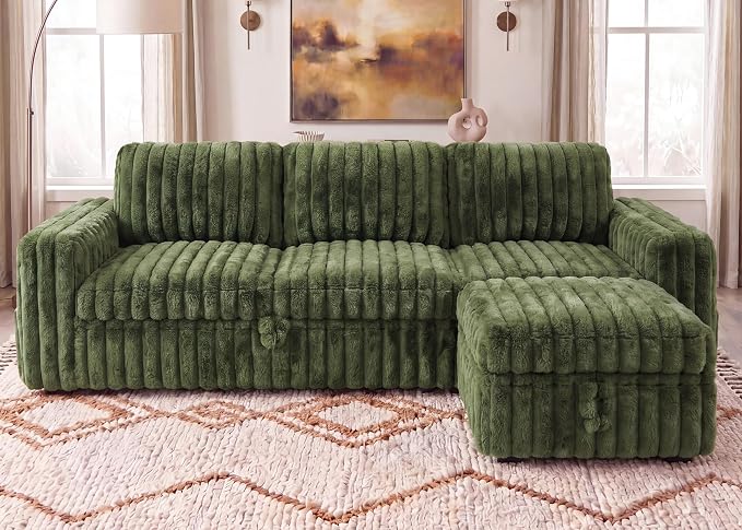 HONBAY Plush Corduroy Modular Sectional Sofa with Pull Out Bed L Shaped Sleeper Sofa with Storage Sectional Couches for Living Room,Plush Green
