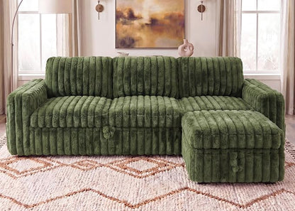 HONBAY Plush Corduroy Modular Sectional Sofa with Pull Out Bed L Shaped Sleeper Sofa with Storage Sectional Couches for Living Room,Plush Green