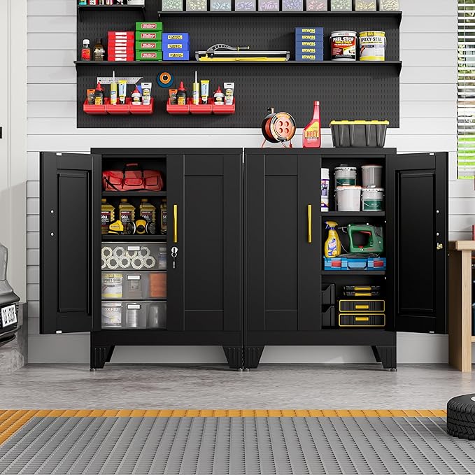 GAIOUS Black Metal Pantry Cabinet with Lock(Two Units), Sideboard Buffet | Storage Cabient with Doors and 2 Adjustable Shelves, Multifunctional Kitchen Cupboard for Home Office, Buffet Table