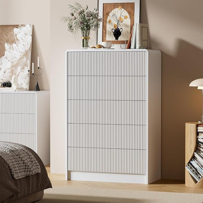Furniway Bedroom Dresser Set 3 Piece, 5 Drawer Curved Dresser with 2 Nightstands, Modern Fluted Wood Storage Cabinet, White Chest of Drawers with Pop-Up Design, White