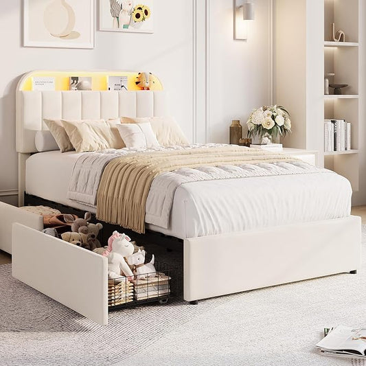 GarveeHome Twin Bed Frame with Storage Headboard, Kids Bed Frame with 2 Drawers, Velvet Upholstered Platform Bed Frame with Lights, No Box Spring Needed, Easy Assembly, Velvet White