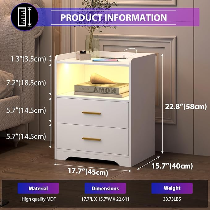 dnbss White LED Nightstand with Charging Station and 24-Color RGB Lights, Smart Night Stand with Human Sensor Lighting, Modern Bedside Table for Bedroom