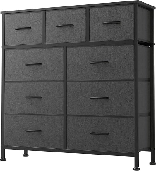 DUMOS Dresser for Bedroom, 9 Fabric Storage Tower Unit Dresser Organizer | Wood Top Table Furniture, Chest of Drawers for Closet, Living Room, Hallway, Grey