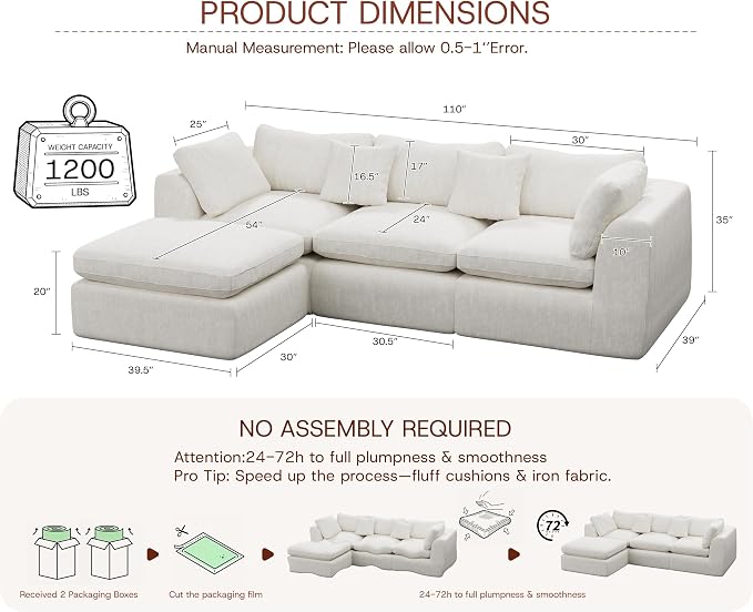 GRUSIGN 110'' Oversized Boneless Cloud Couch for Living Room, Modern Big Sectional Compressed L Shape Couch with Ottoman, Comfy Chenille Deep Seat Memory Foam Spineless 4 Seater Sofa, Beige