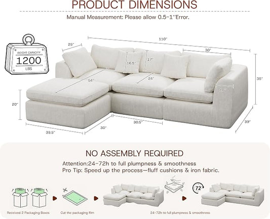 GRUSIGN 110'' Oversized Boneless Cloud Couch for Living Room, Modern Big Sectional Compressed L Shape Couch with Ottoman, Comfy Chenille Deep Seat Memory Foam Spineless 4 Seater Sofa, Beige