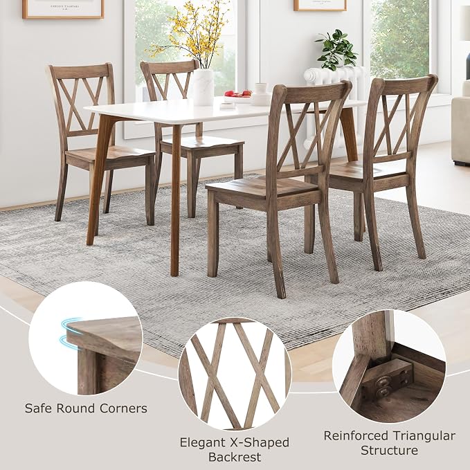 SIMOE Set of 4 Wooden Dining Chairs, Mid Century Farmhouse Kitchen Chairs, Solid Rubberwood Armless Side Chairs with High Back, Ergonomic Seats for Dining Room Living Room, Brown