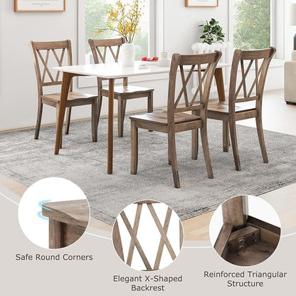 SIMOE Set of 4 Wooden Dining Chairs, Mid Century Farmhouse Kitchen Chairs, Solid Rubberwood Armless Side Chairs with High Back, Ergonomic Seats for Dining Room Living Room, Brown