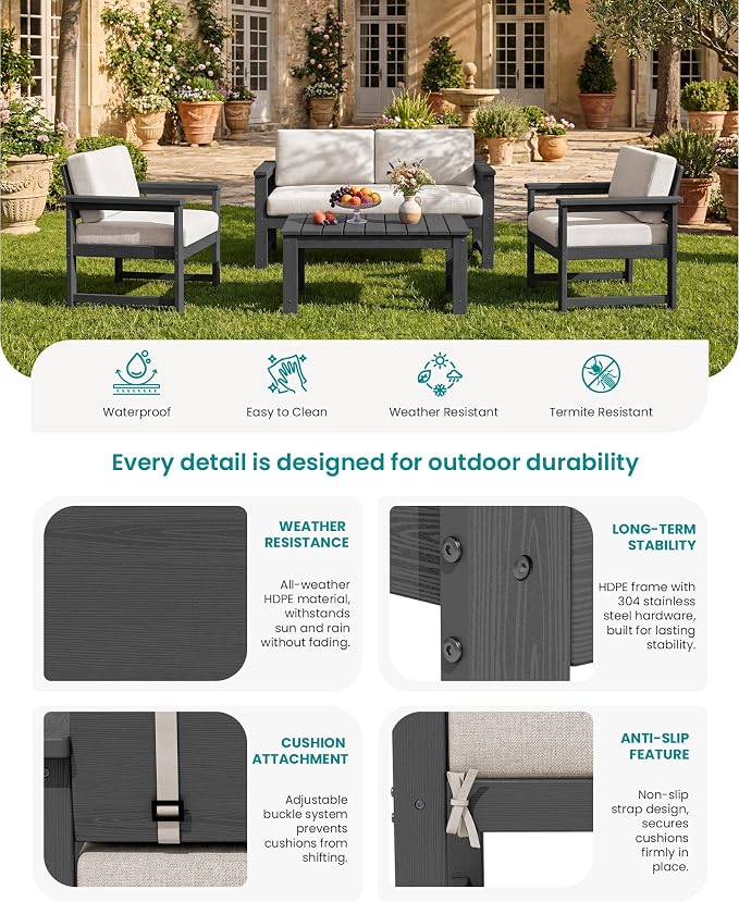 SERWALL 2 Pieces Single Cushioned Sofa Chair, Grey HDPE Outdoor Adirondack Lounge Armchair with Khaki Cushion