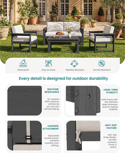 SERWALL 2 Pieces Single Cushioned Sofa Chair, Grey HDPE Outdoor Adirondack Lounge Armchair with Khaki Cushion
