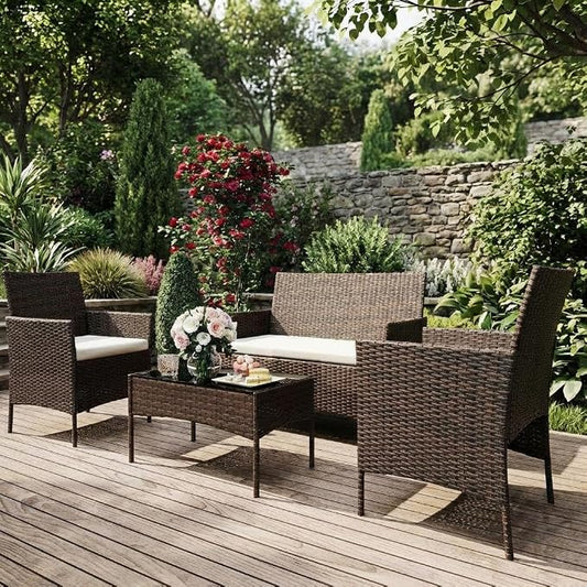 4PCS Outdoor Patio Bistro Set, PE Rattan Wicker Armchairs, Brown/Beige