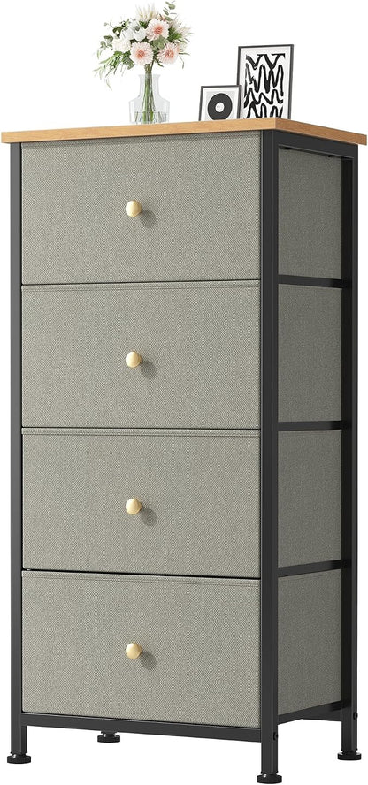 DUMOS Nightstand with 4 Drawers Bedside Table with Removable Fabric Bins Sturdy Steel Frame Wood Top Organizer Furniture for Bedroom Closet Living Room, Greyish Green