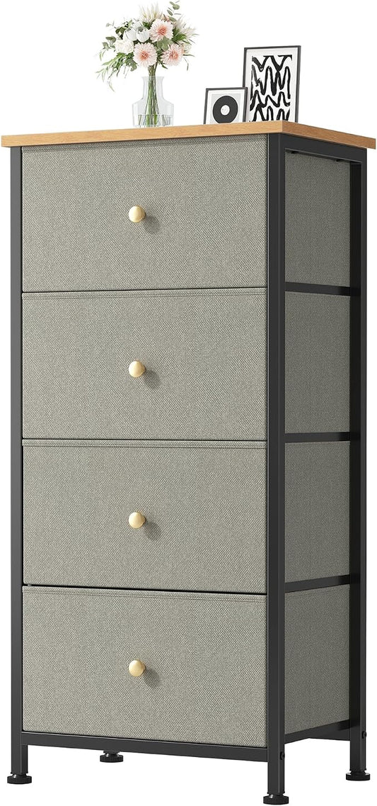 DUMOS Nightstand with 4 Drawers Bedside Table with Removable Fabric Bins Sturdy Steel Frame Wood Top Organizer Furniture for Bedroom Closet Living Room, Greyish Green