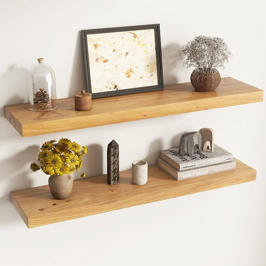 Floating Shelves for Wall Decor, 8" Deep Solid Elm Wood Floating Shelves Wall Mounted, Rustic Wall Shelves with Invisible Bracket for Living Room Bathroom Bedroom Kitchen, 36 Inch Set of 2, Natural