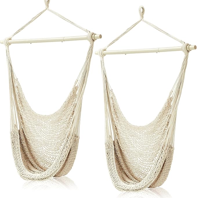 Barydat 2 Pcs Hanging Hammock Chair Boho Swing Chair Outdoor Indoor Comfy Soft Cotton Rope Weaving with 40 Inch Detachable Metal Bars for Backyard Living Room Garden, 270lb Capacity (Beige)