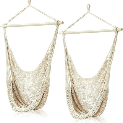 Barydat 2 Pcs Hanging Hammock Chair Boho Swing Chair Outdoor Indoor Comfy Soft Cotton Rope Weaving with 40 Inch Detachable Metal Bars for Backyard Living Room Garden, 270lb Capacity (Beige)