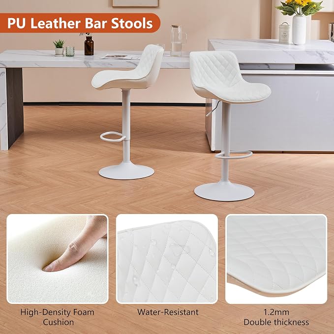 YOUTASTE All White Bar Stools Set of 2, Upholstered Counter Height Bar Stool, Adjustable Swivel Faux Leather Barstools, with Padded Back, Metal Base, Kitchen Chairs for Home Island