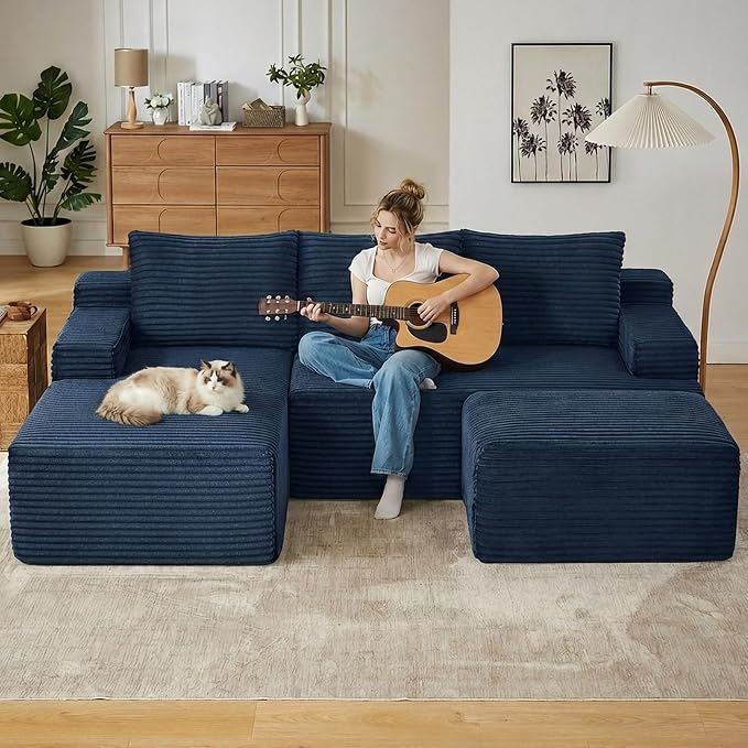 96" Cloud Sectional Couch U-Shaped Chaise with Ottoman, Corduroy Boneless Couch for Living Room Bedroom, Deep-Seat Upholstered Modular Cloud Sofa, No Assembly Required (Blue, Left Facing Chaise)