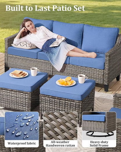 Outdoor Furniture Set of 1, Luxury Patio Sofa 3-Seat Wicker Couch with 4" Thick Cushion - Outdoor Furniture Rattan Sofa with Deep Seating High Back(Blue)