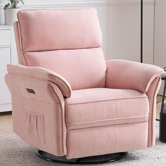 Oversized Power Recliner Chair Swivel Glider with Massage and Heat, Rocker Nursery Recliner for Adults with Adjustable Headrest, 26" Extra Wide Nursery Chair with Overstuffed Armrest,Pink