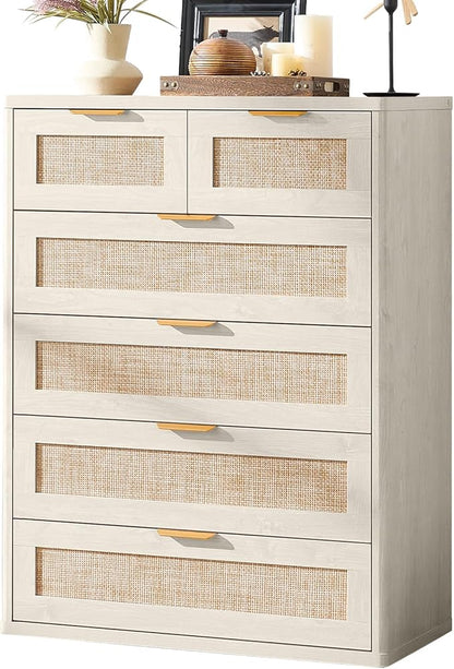 LEYAOYAO White Dresser for Bedroom Set of 2, 41" Tall Chest of Drawers, Modern 6 Drawers Boho Rattan Dressers with Storage, Dresser Wooden Closet Organizer for Living Room, Hallway