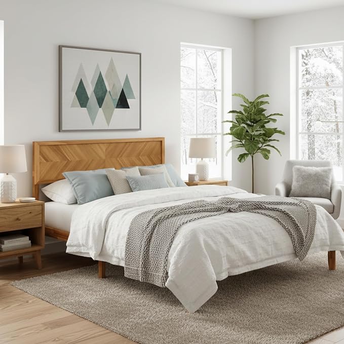 KOMFOTT Queen Acacia Wood Bed Frame with Headboard, Solid Wood Platform Bed Frame, Wooden Slats Supported Bed Base with Under-Bed Storage Space, No Box Spring Needed Mattress Foundation