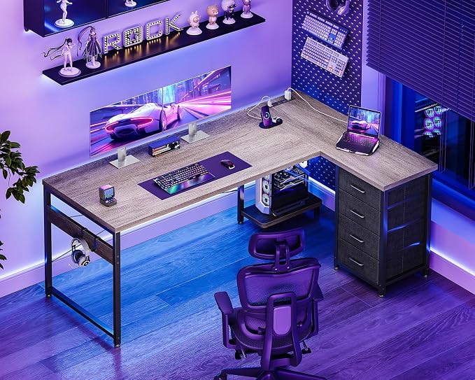 AODK L Shaped Gaming Desk with 4 Drawers, 61" Reversible Home Office Desks with Power Outlets, L Shaped Computer Desk with USB Charging Port and Host Stand, Corner Desk, Easy to Assemble, Grey
