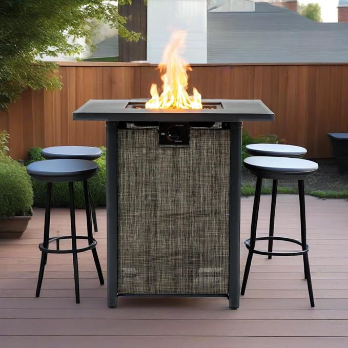 28" Propane Gas Fire Pit Table, 50000 BTU Square Outdoor Fire Pit with Steel Tabletop & Textilene Base, Patio Fire Table with Lava Rocks & Rain Cover for Backyard Deck Garden, Black