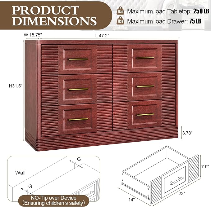 RECHHX Farmhouse 6 Drawers Dresser for Bedroom, 47.2" Wide Large Modern Chest of Drawers, Wooden Thermoformed Curved Dresser Organizer for Bedroom, Living Room, Walnut Cherry