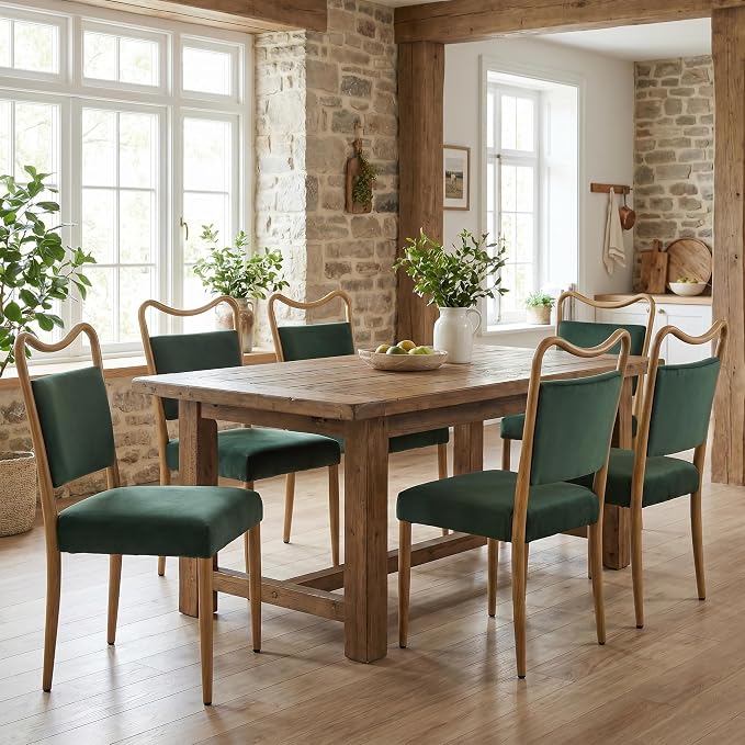 Velvet Dining Chairs Set of 6, Upholstered Dining Chairs with Wood Grained Metal Frame, Mid Century Modern Velvet Chairs for Dining Room, Kitchen and Restaurant,Velvet Green