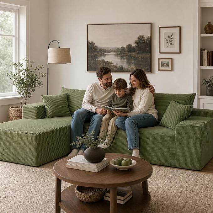 Boneless Couch, 102.4" Sectional Couches for Living Room with L Shape Sofa | Cloud Couch Sectional with Chaise, Modular Cloud Sofa with Deep Seat, No Assembly, Green, Corduroy, Left Chaise