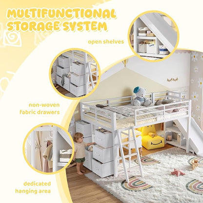 Bellemave Twin Size Loft Bed with 7 Non-Woven Fabric Drawers, Shelves and Wardrobe, Twin Loft Bed with Detachable Slide and Ladders, Low Profile Loft Beds with Lights, Noise Reduced Design White
