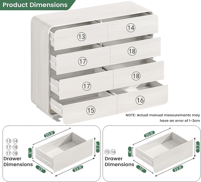 Standifurno 47’’ Wide Dresser with 8 Drawers, White Chest of Drawers with Deep Drawers & Handleless, Wooden Storage Organizer for Bedroom, Living Room, Hallway