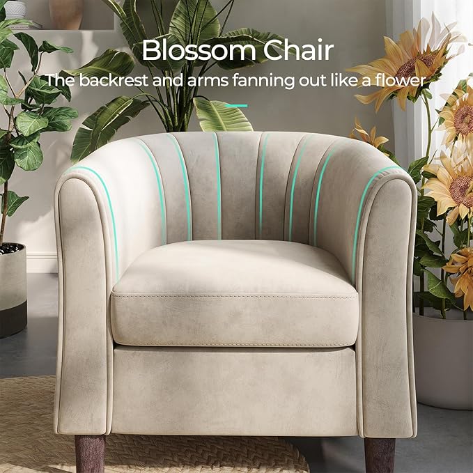 LINSY Accent Chair Set of 2, Velvet Barrel Chair with Ottoman, Modern Comfy Small Armchair for Small Spaces Reading Room Living Room Bedroom Kids Room Office, Beige