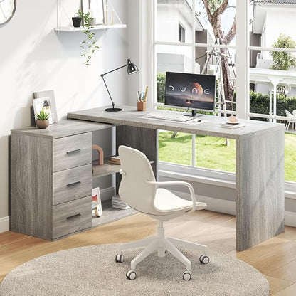 HSH L Shaped Office Desk with Drawers Shelves 55-76 Inch, Corner Computer Desk with Storage 360 Rotating Long for Work, Executive, Study, Writing, Teacher, Bedroom Modern Gaming Table, Light Grey
