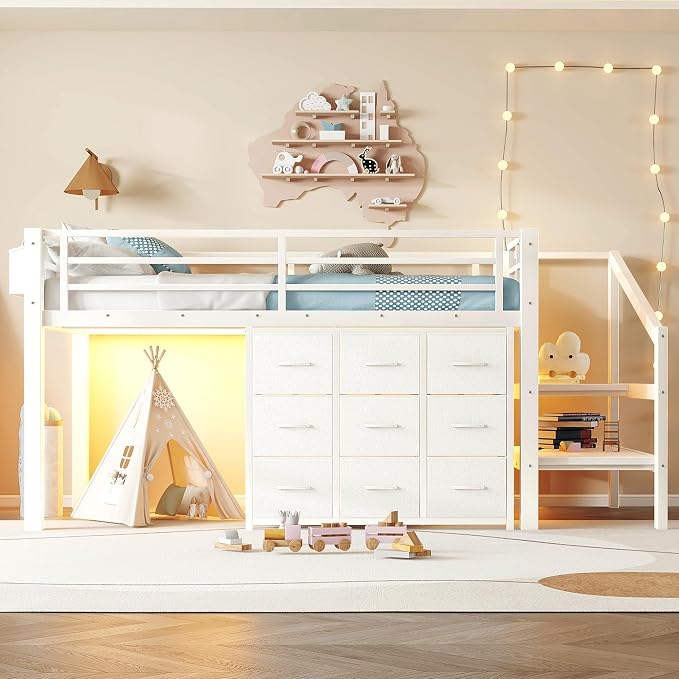 Bellemave Twin Size Low Loft Bed with 9 Fabric Storage Drawers for Kids,Metal Loft Bed Frame with Stairs and LED Lights for Boys Girls,Kids Loft Bed Twin Size,White