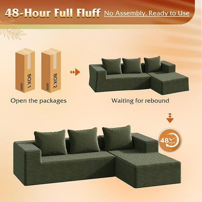 WLIVE 104'' Cloud Sectional Couches for Living Room, Modular Boneless Couch with Left Facing Chaise, L Shape Memory Foam Corduroy, with Cushion, Green