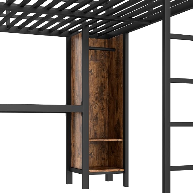 Bellemave Queen Size Loft Bed with Desk, Wardrobe, Storage Cubes and Shelves, Metal Queen Loft Bed Frame for Adults, Kids, Teens, Black and Woodgrain