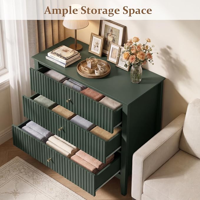 RoyalCraft 32" Large Nightstand, Fluted Painted Bedside Table with 3 Spacious Drawers, Modern Tall End Table for Bedroom, Dark Green
